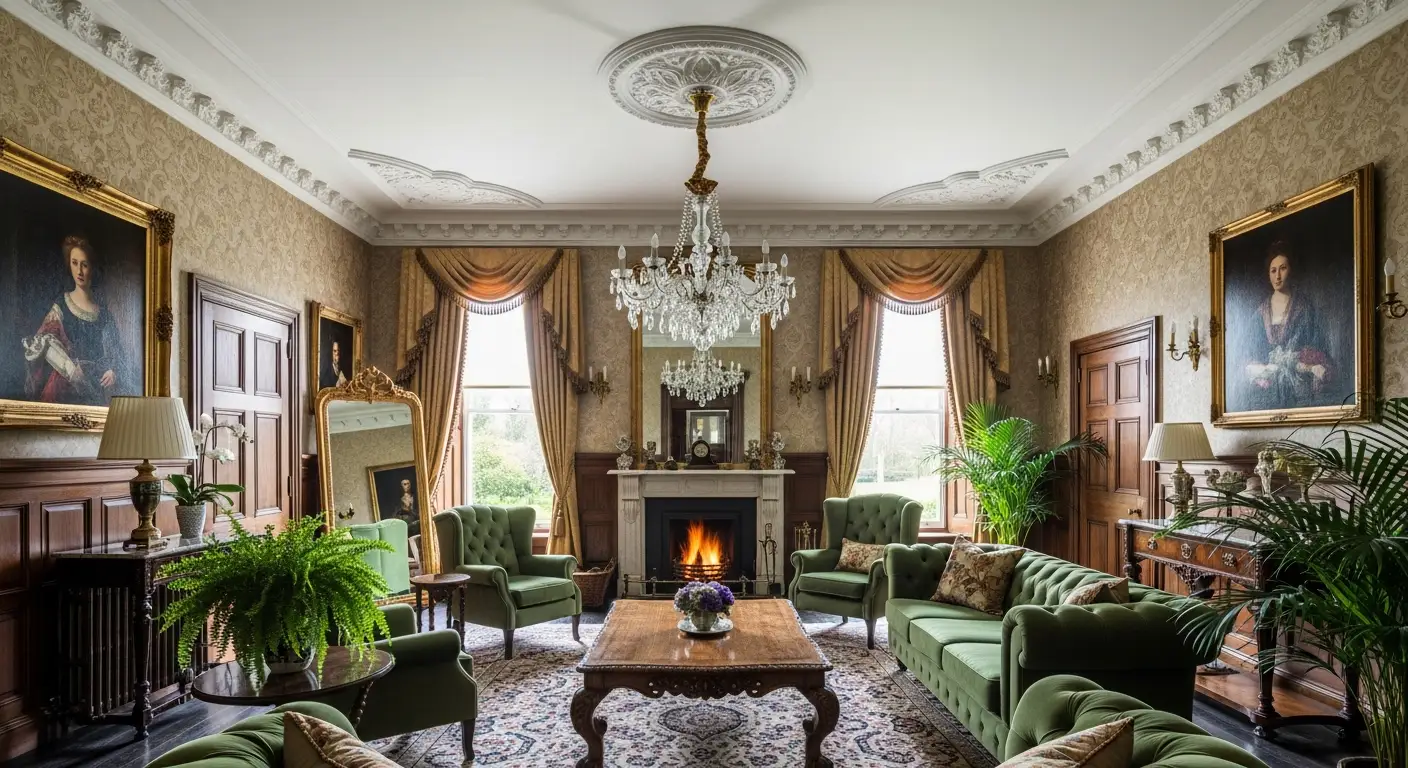 Luxury Victorian living room with ornate plaster cornice and ceiling rose - Kayvic handcrafted mouldings Wales