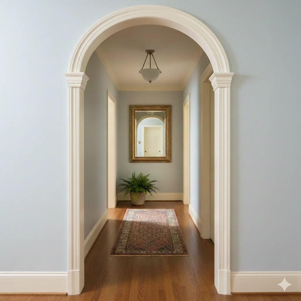 Hallway Arch with Plain Capital Mouldings - Kayvic handmade arch plasterwork Wales